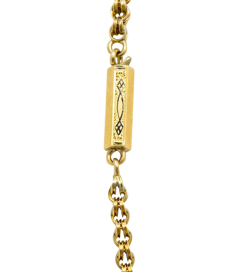 Victorian Enamel 10 Karat Gold Barrel Clasp Long Chain Necklace - Wilson's Estate Jewelry