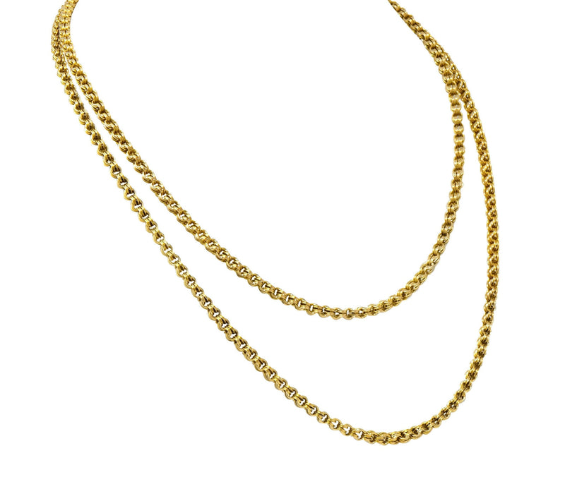 Victorian Enamel 10 Karat Gold Barrel Clasp Long Chain Necklace - Wilson's Estate Jewelry