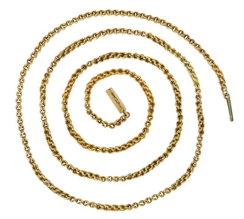 Victorian Enamel 10 Karat Gold Barrel Clasp Long Chain Necklace - Wilson's Estate Jewelry