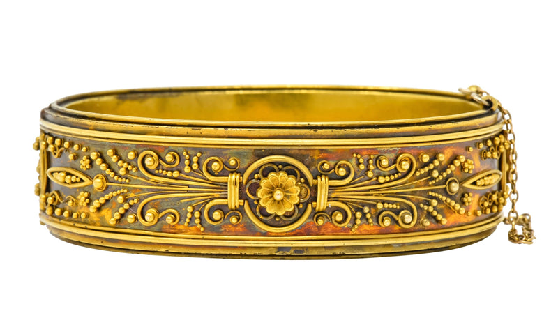 Victorian Etruscan Revival 14 Karat Gold Floral Bangle Bracelet Circa 1870 - Wilson's Estate Jewelry