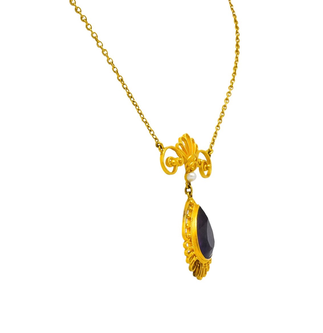 Victorian Etruscan Revival 3.50 CTW Amethyst Pearl 14 Karat Gold Necklace - Wilson's Estate Jewelry