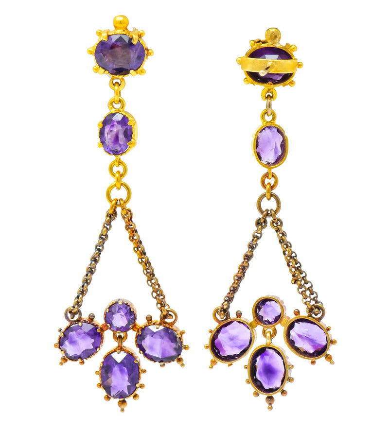 Victorian Etruscan Revival 4.52 CTW Amethyst 18 Karat Gold Chandelier Earrings Circa 1870's - Wilson's Estate Jewelry