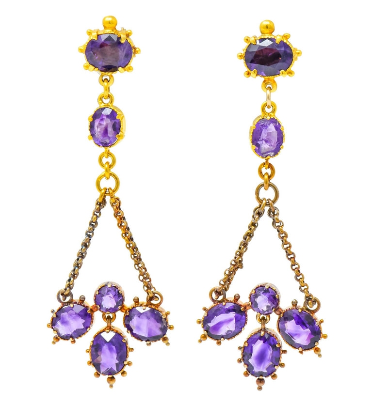 Victorian Etruscan Revival 4.52 CTW Amethyst 18 Karat Gold Chandelier Earrings Circa 1870's - Wilson's Estate Jewelry