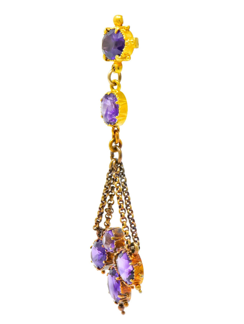 Victorian Etruscan Revival 4.52 CTW Amethyst 18 Karat Gold Chandelier Earrings Circa 1870's - Wilson's Estate Jewelry