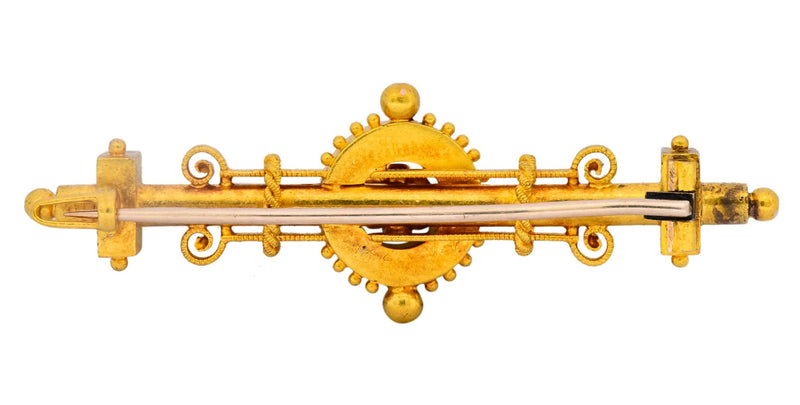 Victorian Etruscan Revival Diamond Turquoise 18 Karat Gold Brooch - Wilson's Estate Jewelry