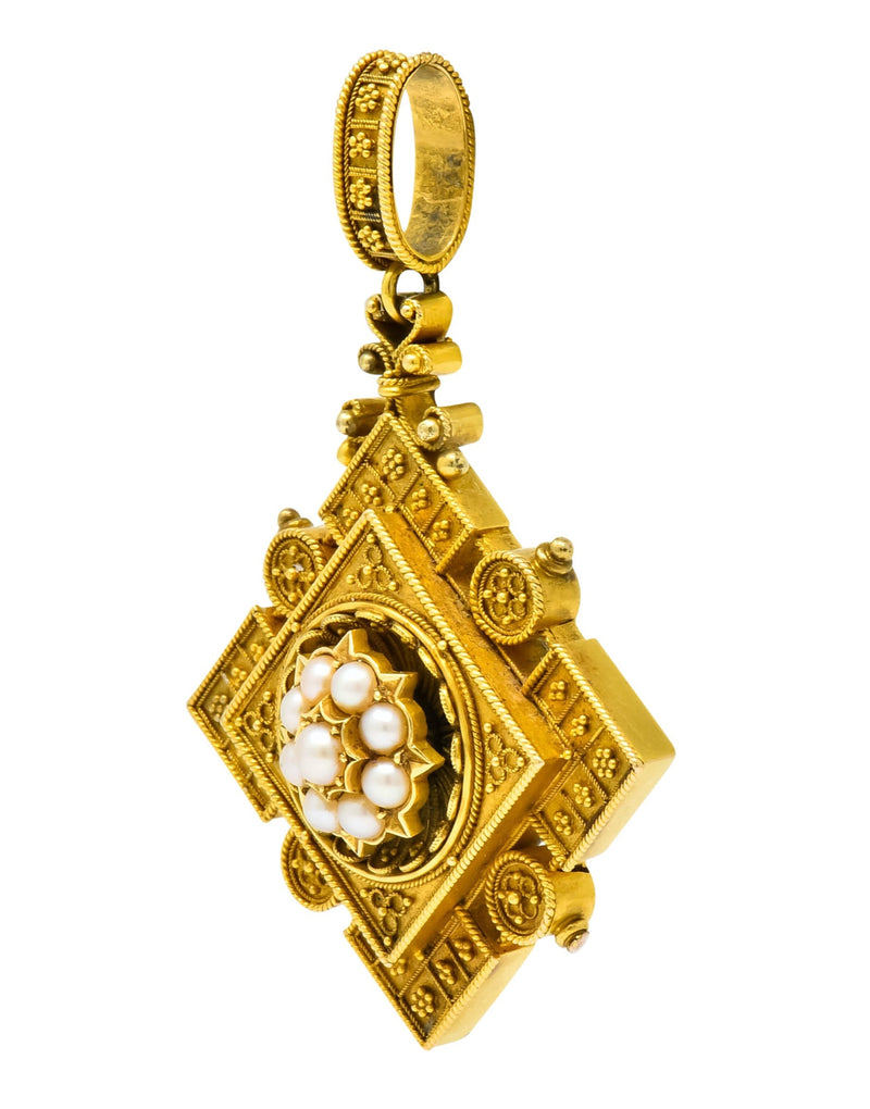 Victorian Etruscan Revival Natural Pearl 18 Karat Gold Pendant - Wilson's Estate Jewelry
