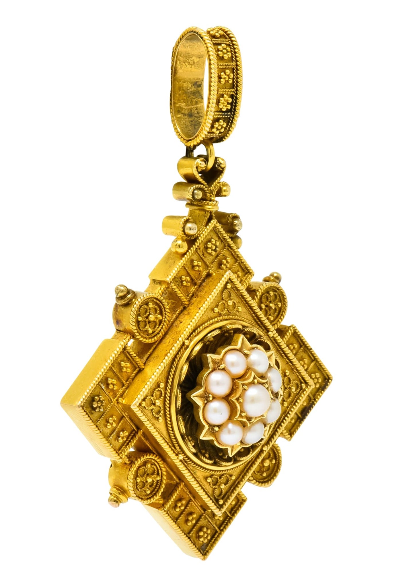 Victorian Etruscan Revival Natural Pearl 18 Karat Gold Pendant - Wilson's Estate Jewelry