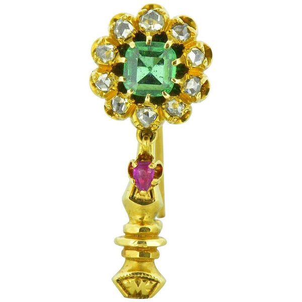 Victorian Halley's Comet Emerald Rose Cut Diamond Ruby 14K Gold Pin Wilson's Estate Jewelry