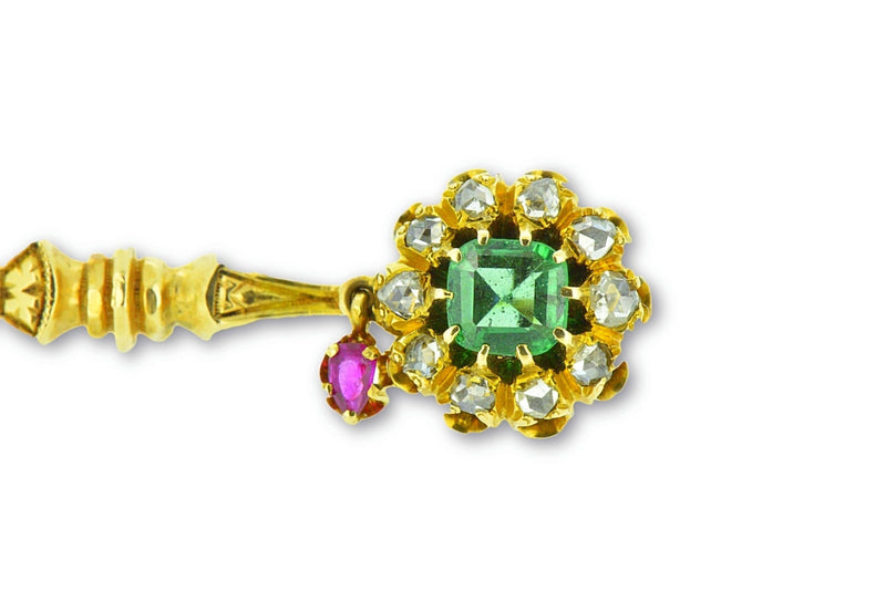 Victorian Halley's Comet Emerald Rose Cut Diamond Ruby 14K Gold Pin Wilson's Estate Jewelry