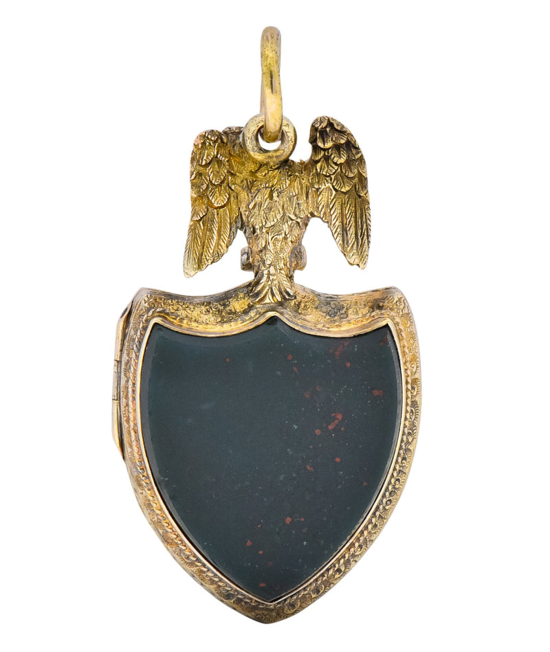 Victorian Hardstone 9 Karat Gold Eagle Shield Locket - Wilson's Estate Jewelry