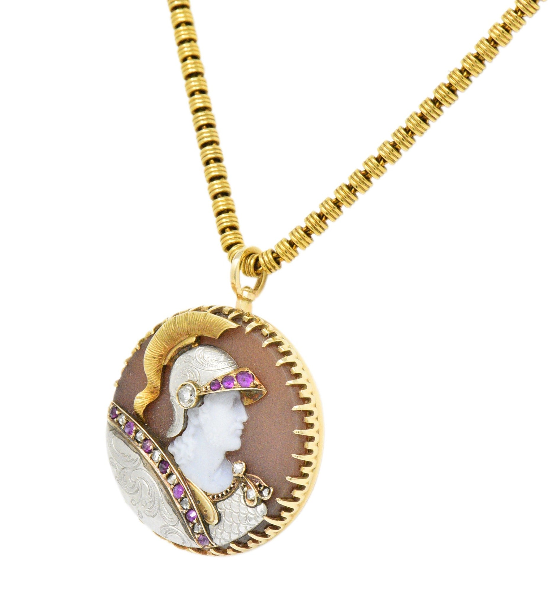 Victorian Hardstone Diamond Ruby Gold Roman Soldier Cameo Pendant Necklace Wilson's Estate Jewelry