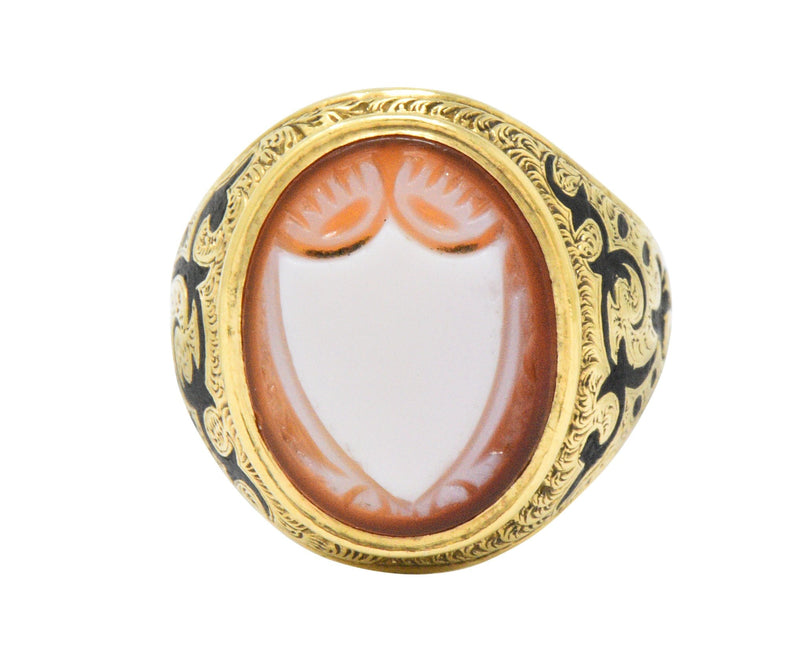 Victorian Carved Hardstone Enamel 14 Karat Gold Shield Unisex Signet Ring Wilson's Estate Jewelry