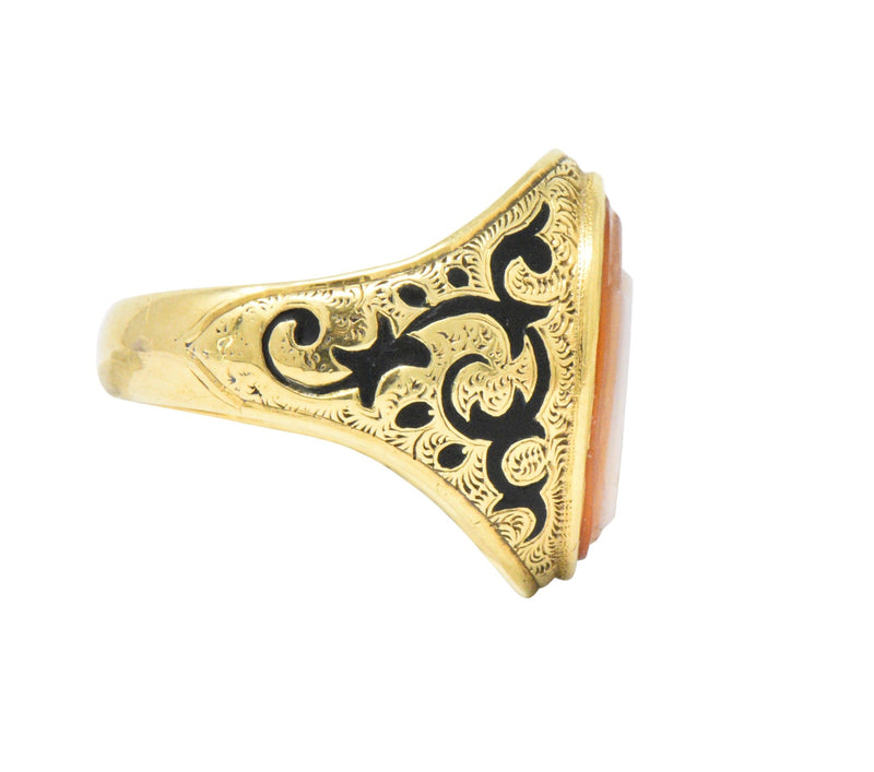 Victorian Carved Hardstone Enamel 14 Karat Gold Shield Unisex Signet Ring Wilson's Estate Jewelry