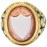 Victorian Carved Hardstone Enamel 14 Karat Gold Shield Unisex Signet Ring Wilson's Estate Jewelry