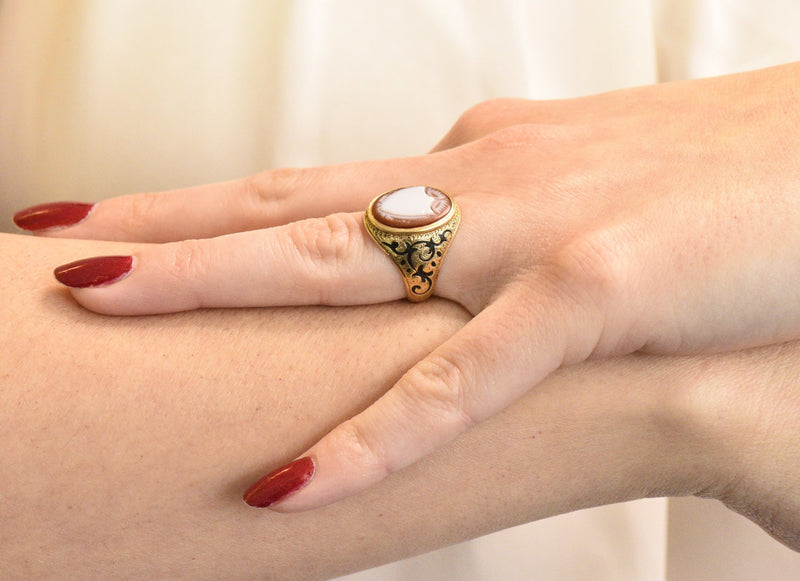 Victorian Carved Hardstone Enamel 14 Karat Gold Shield Unisex Signet Ring Wilson's Estate Jewelry