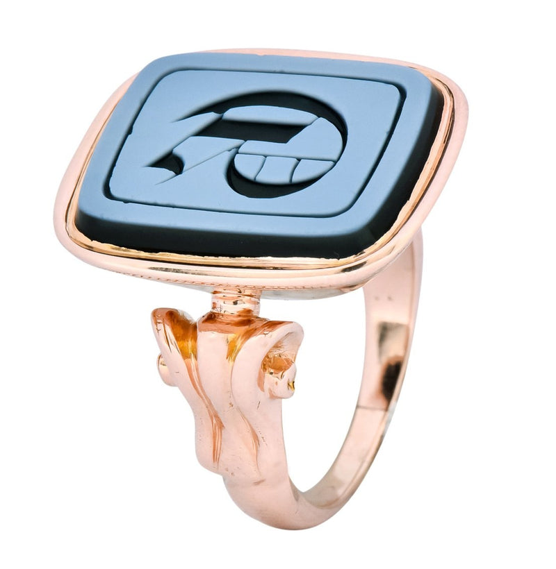 Victorian Hardstone Intaglio 14 Karat Rose Gold Lettered Signet Ring - Wilson's Estate Jewelry