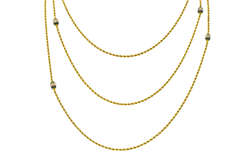 Victorian Jade Seed Pearl 14 Karat Gold 48 Inch Station Necklace - Wilson's Estate Jewelry