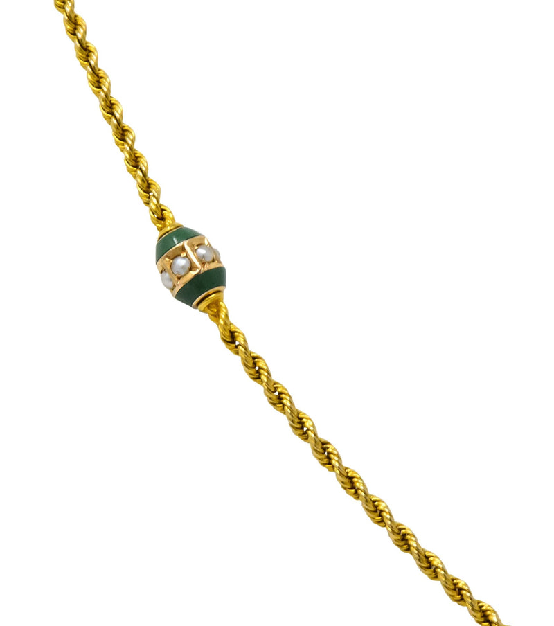 Victorian Jade Seed Pearl 14 Karat Gold 48 Inch Station Necklace - Wilson's Estate Jewelry