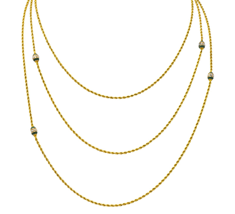 Victorian Jade Seed Pearl 14 Karat Gold 48 Inch Station Necklace - Wilson's Estate Jewelry