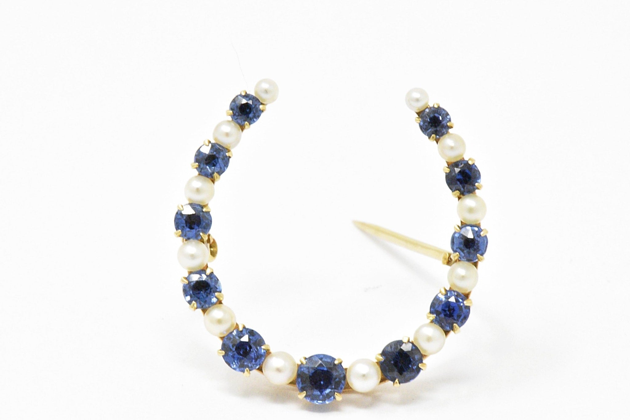 Victorian Montana Sapphire and Natural Pearl 14K Yellow Gold Horseshoe Pin Brooch Wilson's Estate Jewelry