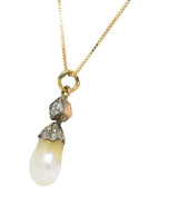 Victorian Natural Baroque Pearl Diamond Silver-Topped 14 Karat Gold Pendant Necklace Wilson's Estate Jewelry