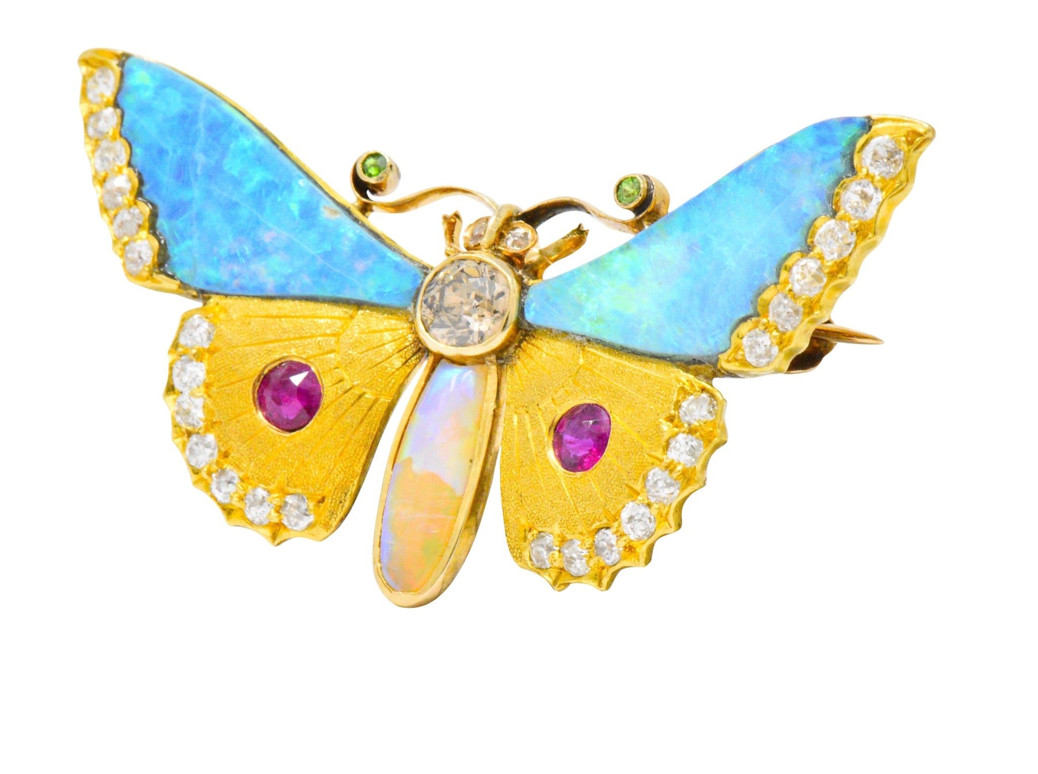 Victorian Opal Diamond Ruby Demantoid Garnet 14 Karat Gold Butterfly Brooch Wilson's Estate Jewelry