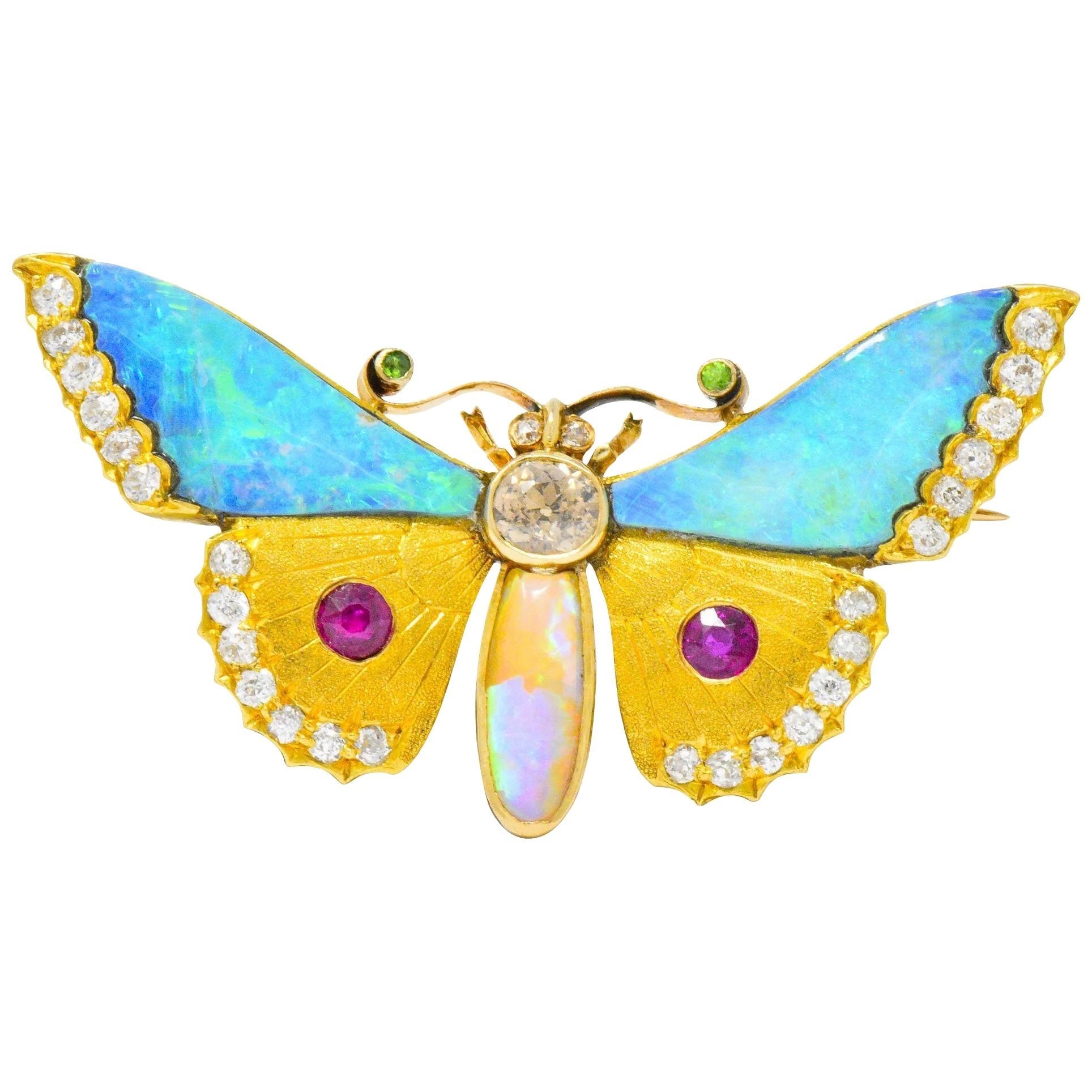Victorian Opal Diamond Ruby Demantoid Garnet 14 Karat Gold Butterfly Brooch Wilson's Estate Jewelry