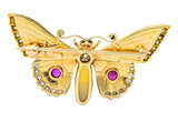 Victorian Opal Diamond Ruby Demantoid Garnet 14 Karat Gold Butterfly Brooch Wilson's Estate Jewelry