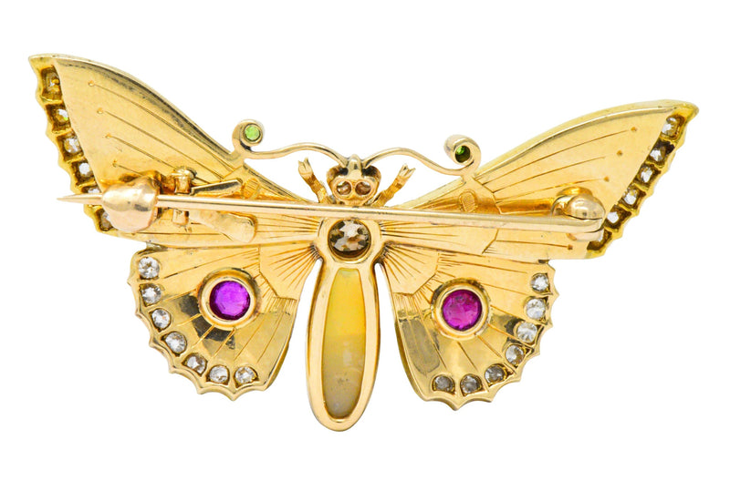 Victorian Opal Diamond Ruby Demantoid Garnet 14 Karat Gold Butterfly Brooch Wilson's Estate Jewelry