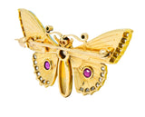 Victorian Opal Diamond Ruby Demantoid Garnet 14 Karat Gold Butterfly Brooch Wilson's Estate Jewelry