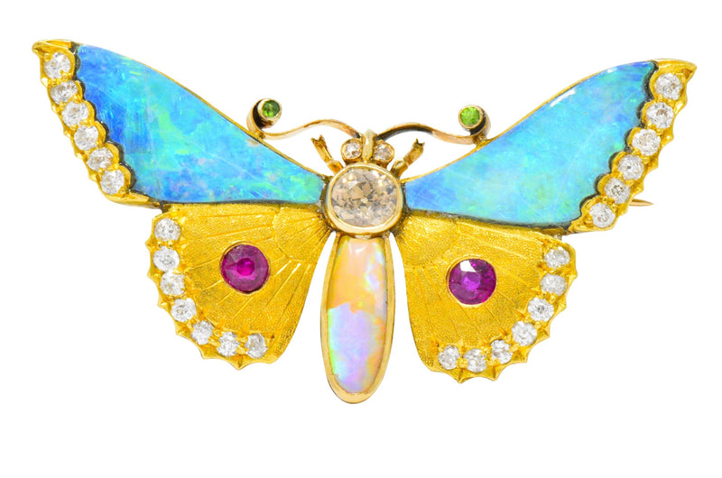 Victorian Opal Diamond Ruby Demantoid Garnet 14 Karat Gold Butterfly Brooch Wilson's Estate Jewelry