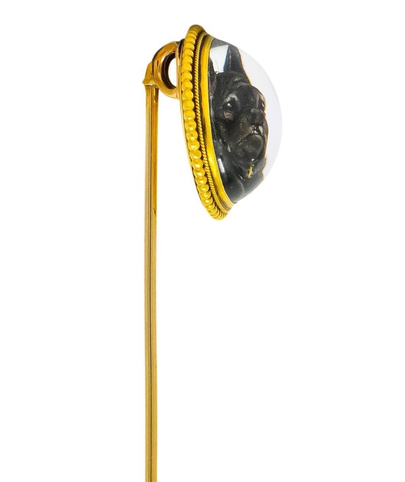 Victorian Painted Reverse Carved Rock Crystal 18 Karat Gold French Bulldog English Stickpin - Wilson's Estate Jewelry