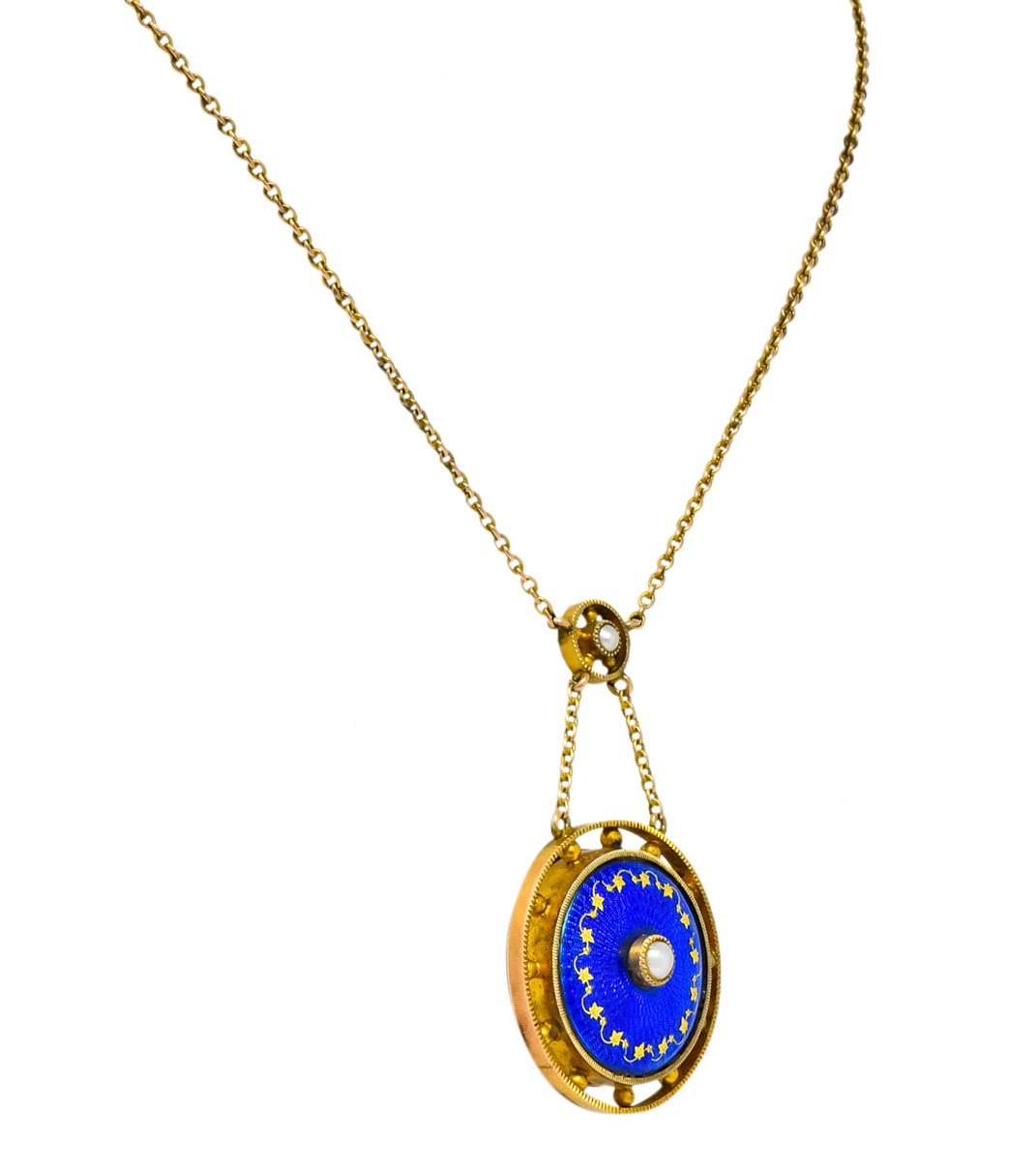 Victorian Pearl Enamel 14 Karat Yellow Gold Pendant Necklace - Wilson's Estate Jewelry
