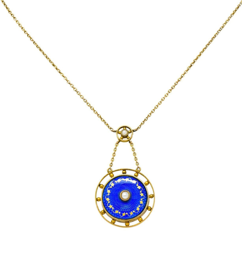 Victorian Pearl Enamel 14 Karat Yellow Gold Pendant Necklace - Wilson's Estate Jewelry