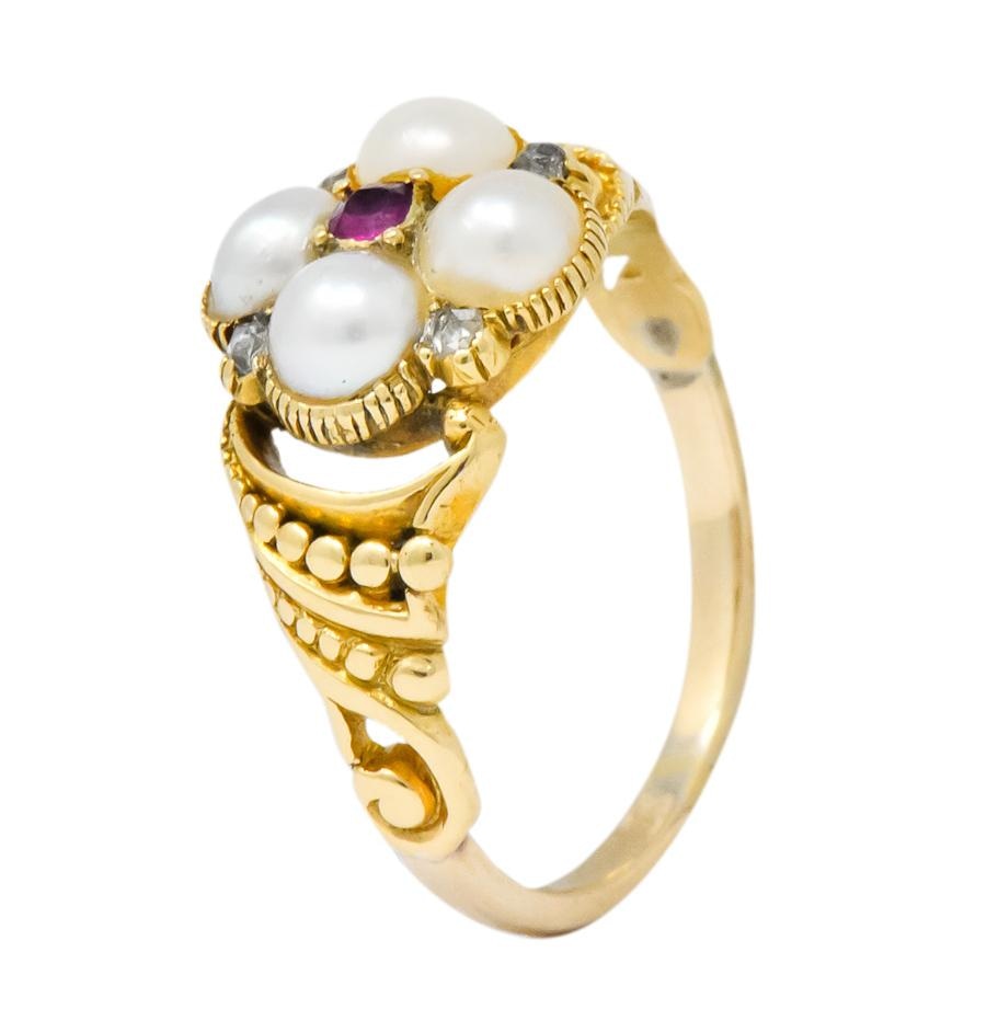 Victorian Pearl Ruby Diamond 14 Karat Gold Ring - Wilson's Estate Jewelry