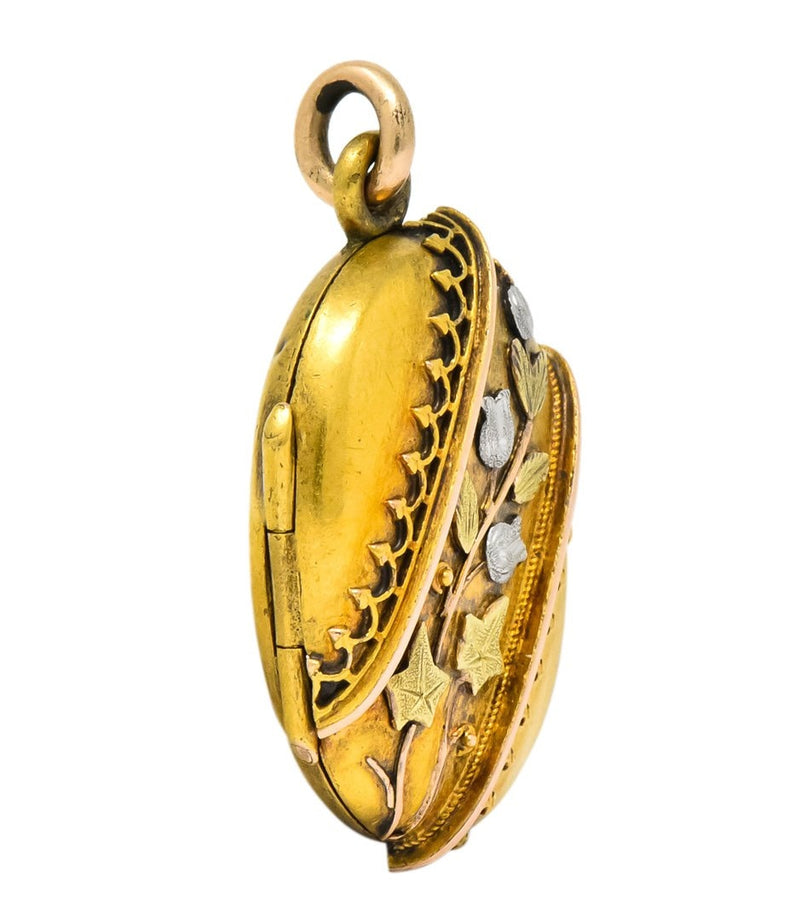 Victorian Platinum 14 Karat Tri-Color Gold Flower Leaf Locket - Wilson's Estate Jewelry