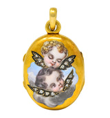 Victorian Rose Cut Diamond Enamel 18 Karat Gold Cherub Mourning Locket Pendant - Wilson's Estate Jewelry