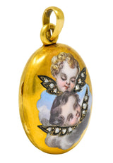 Victorian Rose Cut Diamond Enamel 18 Karat Gold Cherub Mourning Locket Pendant - Wilson's Estate Jewelry