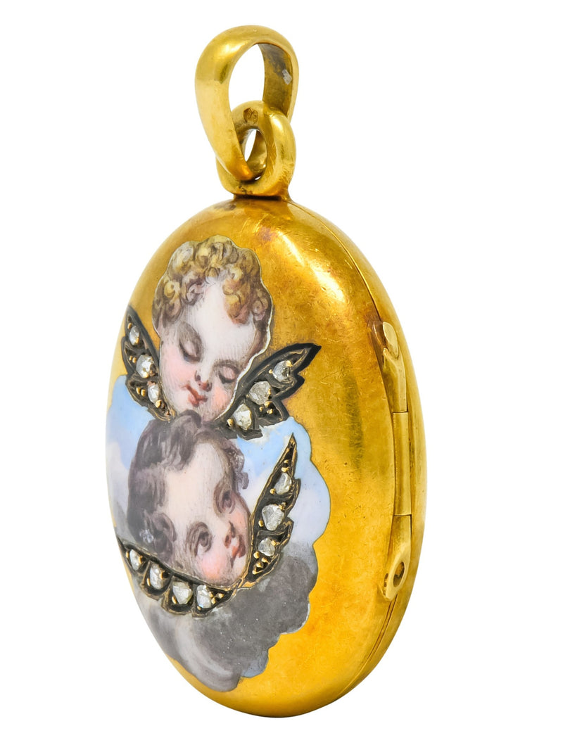 Victorian Rose Cut Diamond Enamel 18 Karat Gold Cherub Mourning Locket Pendant - Wilson's Estate Jewelry