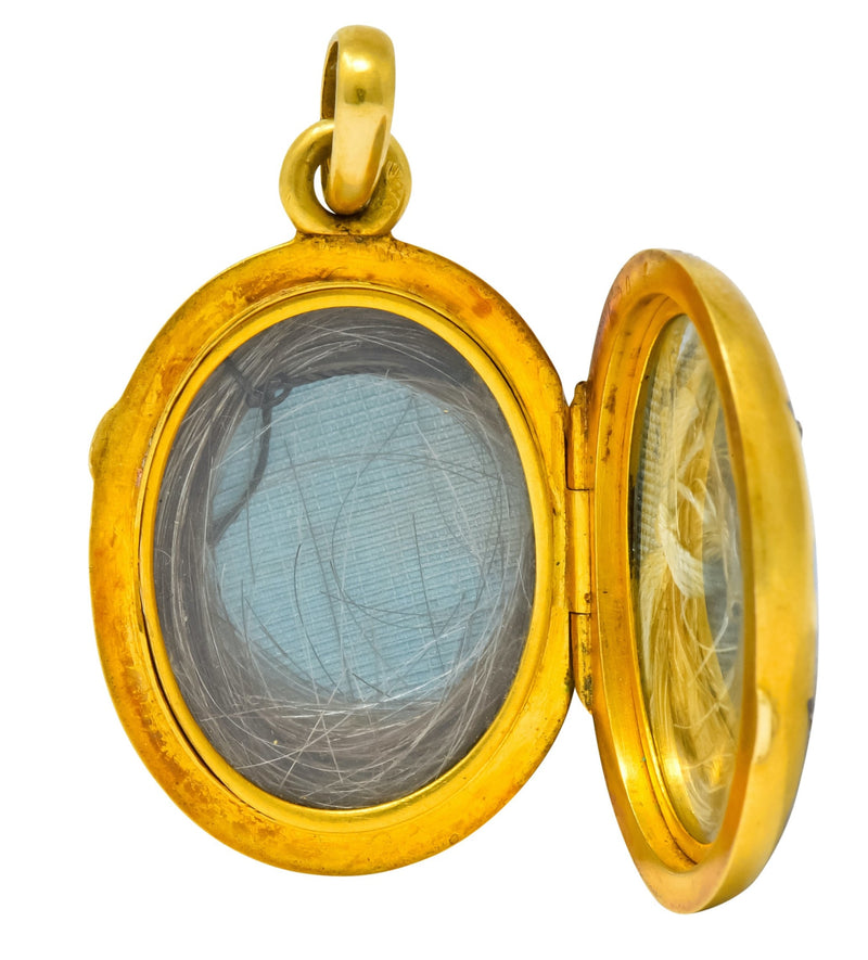 Victorian Rose Cut Diamond Enamel 18 Karat Gold Cherub Mourning Locket Pendant - Wilson's Estate Jewelry
