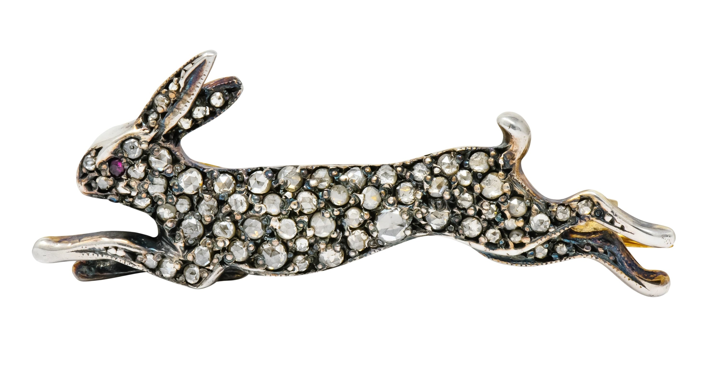 Victorian Rose Cut Diamond Silver-Topped Leaping Rabbit Hare Brooch - Wilson's Estate Jewelry