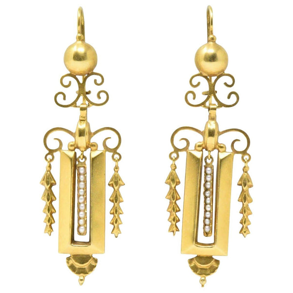 Victorian Seed Pearl & 14K Gold Drop Earrings, CA 1890 Wilson's Estate Jewelry