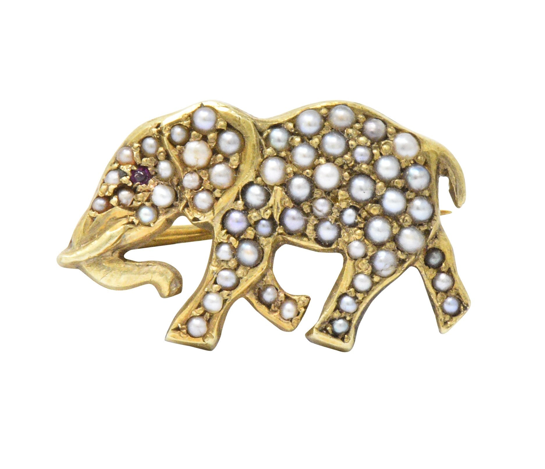 Victorian Seed Pearl Ruby 14 Karat Gold Elephant Pin Wilson's Estate Jewelry