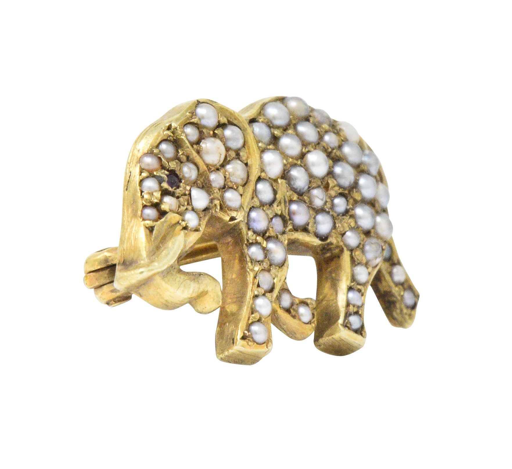 Victorian Seed Pearl Ruby 14 Karat Gold Elephant Pin Wilson's Estate Jewelry