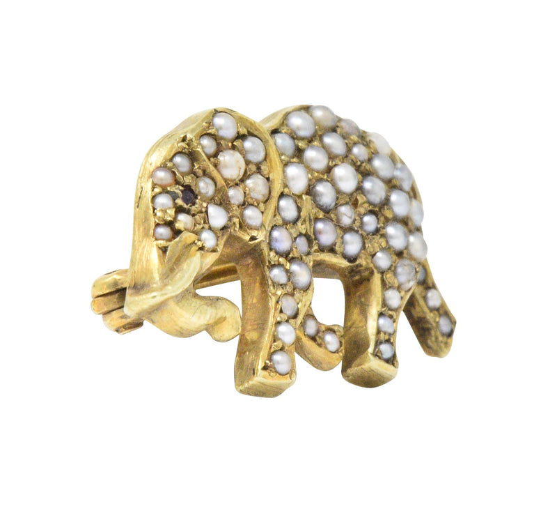 Victorian Seed Pearl Ruby 14 Karat Gold Elephant Pin Wilson's Estate Jewelry
