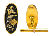 Victorian Shakudo 14 Karat Gold Mixed Metal Floral Bird Men's Cufflinks - Wilson's Estate Jewelry