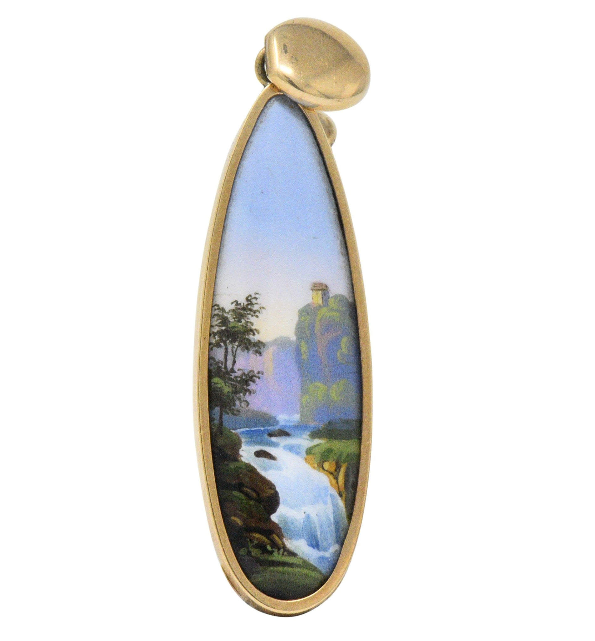 Victorian Swiss Enamel Painted Porcelain 14 Karat Gold Drop Earrings Wilson's Estate Jewelry