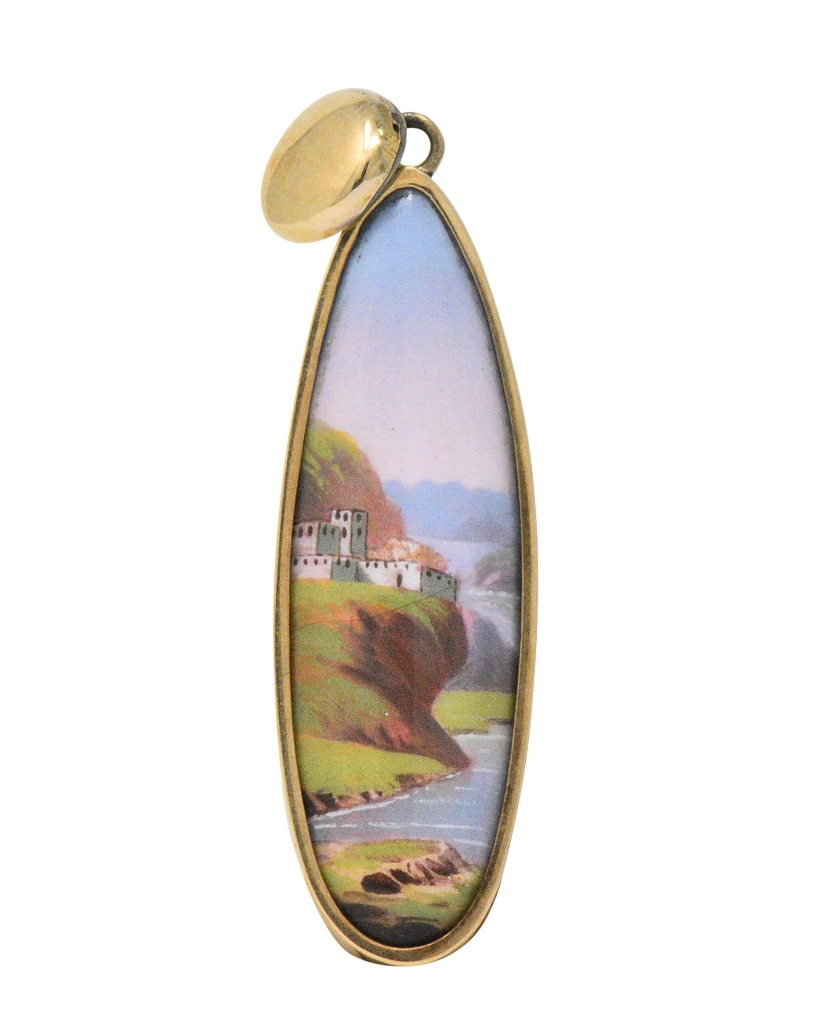 Victorian Swiss Enamel Painted Porcelain 14 Karat Gold Drop Earrings Wilson's Estate Jewelry