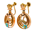 Victorian Turquoise 10 Karat Tri-Gold Floral Earrings - Wilson's Estate Jewelry