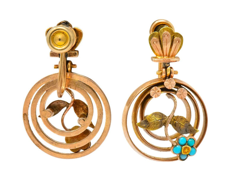 Victorian Turquoise 10 Karat Tri-Gold Floral Earrings - Wilson's Estate Jewelry